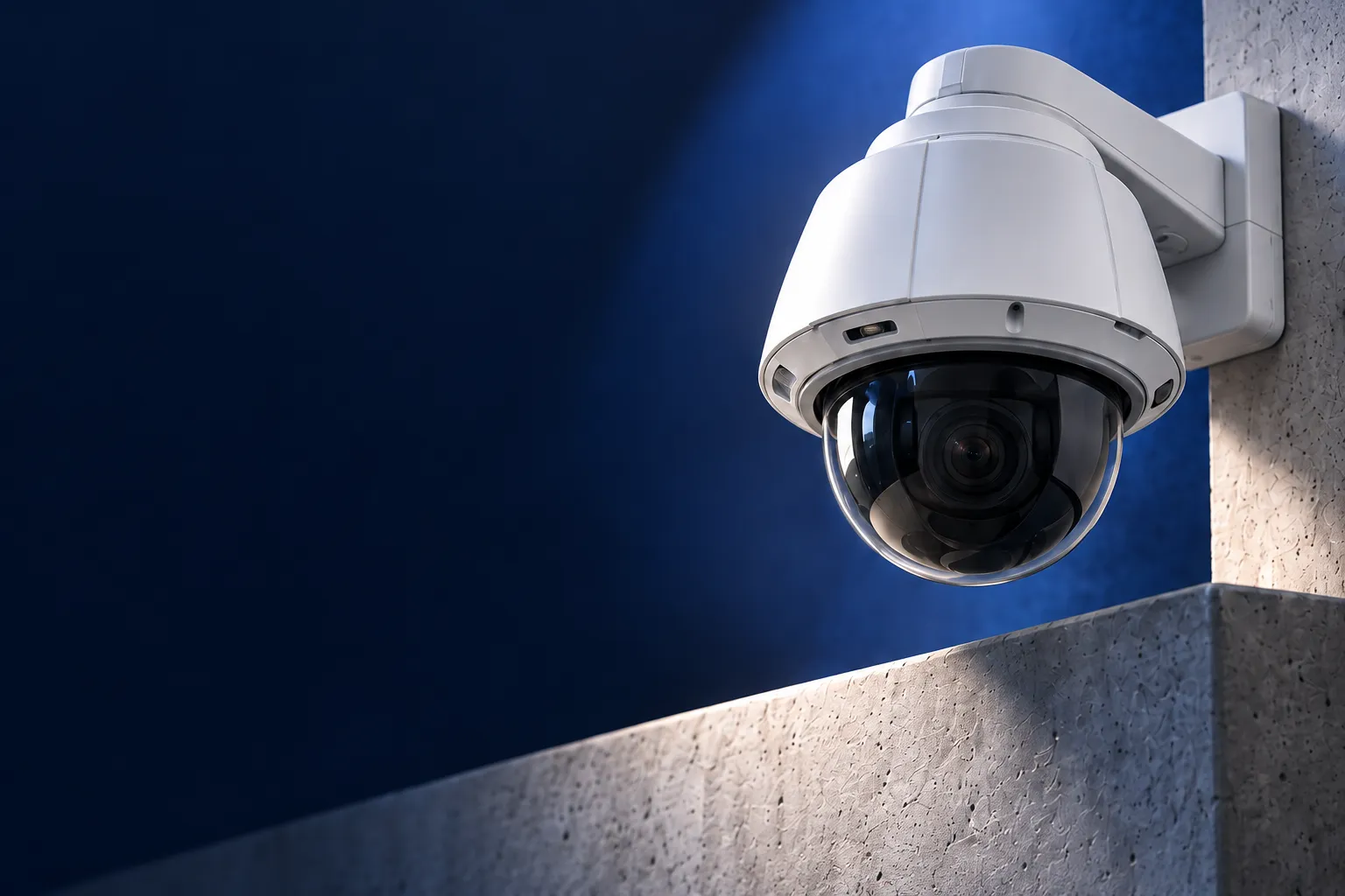 A white dome security camera mounted on a concrete wall, lit in blue