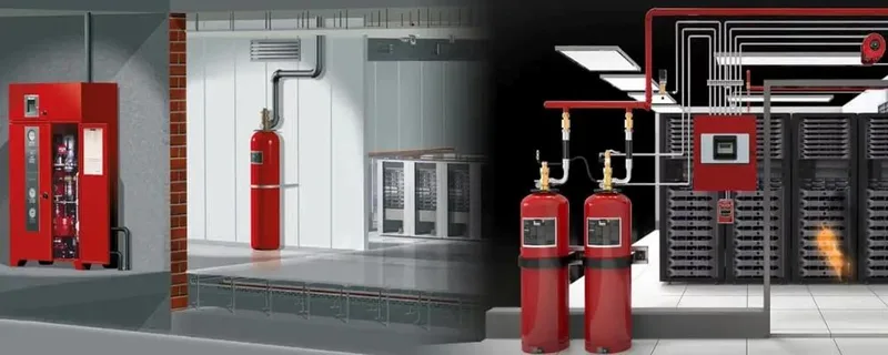 Gas suppression cylinders and piping protecting a server room
