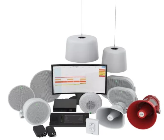 Ceiling speakers, horn speakers and a voice alarm controller